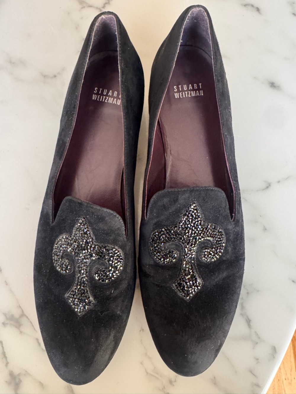 Stuart Weitzman Black Suede Beaded Fleur Loafers